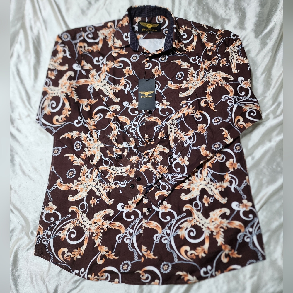 NWT Men's Premiere Buckeroo Brown Paisley Long Sleeve Button Down Shirt